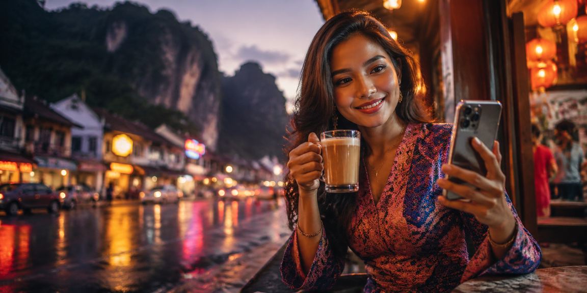Pemain poker dalam talian menggunakan telefon pintar dengan gaya batik tempatan di Ipoh